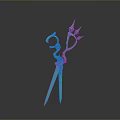 Blue Scissors With Unique Decorative Design On Gray Background And Reflective Effect
